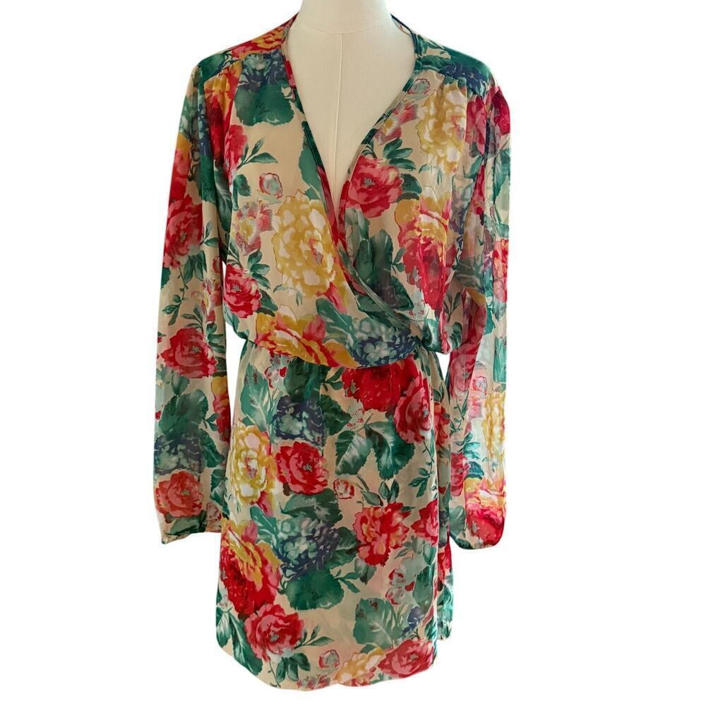 Liberty Love Floral Wrap Mini Dress XL Long Sleeve Lined Boho Romantic Feminine